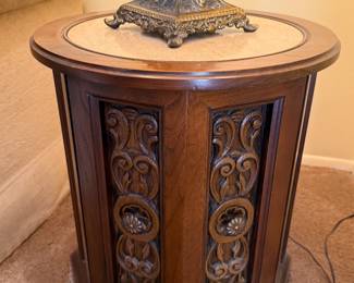 Carved wood end table with Marble insert