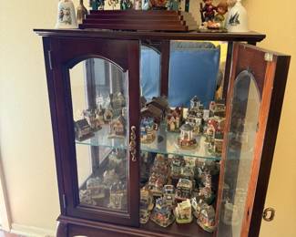 Wood display cabinet. Mini Cottage and Home collectables, antique serving bells, figurines