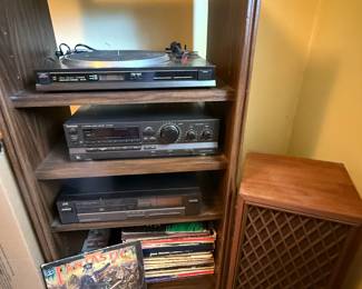 Functioning Vintage Technics 130W/Channel SAGX Stereo Receiver. Pair Realistic Nova 7b floor walnut cabinet speakers in good condition. Turntable and Tone arm with cartridge, JVC CD/DVD player, Various Vintage Vinyl Albums