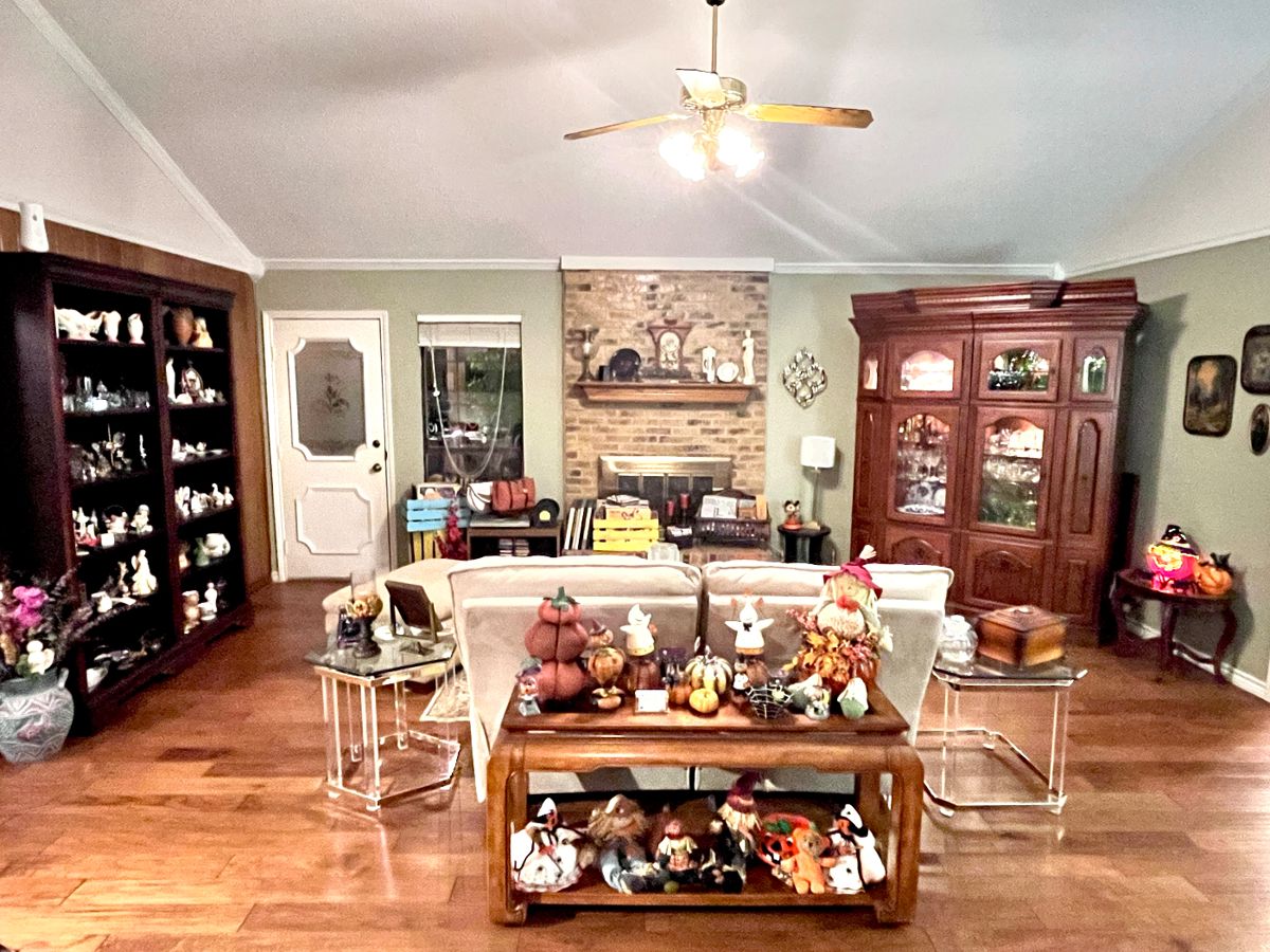 Knick knack and collectible filled living room