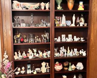 Hull, Roseville, Shawnee, art glass, Wedgewood, Hummel, vintage perfume bottles, William Dentzel III figures, Aynsley, Occupied Japan figurines, Lefton, Homco, Limoges, Capodimonte, Paul Sebastian figure, misc. pottery 