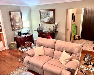 Reclining loveseat, bar, Elvis memorabilia, art, lavender Royal Haeger vase