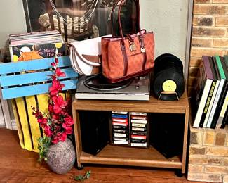 Records, record player (unsure if it works), Dooney & Burke purse