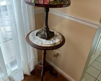 Antique plant or candle stand, Tiffany style lamp