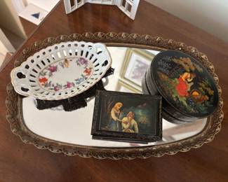 Laquer boxes, mirror, tricket dish