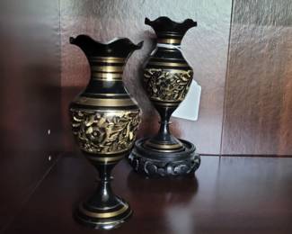 Pair of Black & Gold Etched Vases