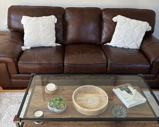 92"L Extra-long Brown Leather (real!) Sofa & Shadowbox Glass-Top Cocktail Table