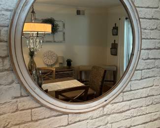 Large Round Wall Mirror w/ White Distressed-Style Frame