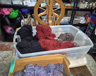 Schacht Spindle Spinning wheel, hand spun wool, roving and fleece, weaving books