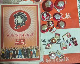 Vintage Chinese Communist Party CCP pins, magazines, pictures and armbands.