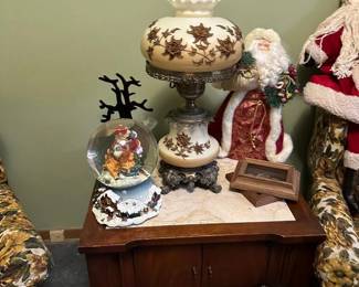 Marble Top Table, Antique Lamp, Large Santa Snow Globe Music Box Box