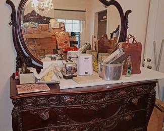 Beautiful antique carved dresser, vanity and full bed 