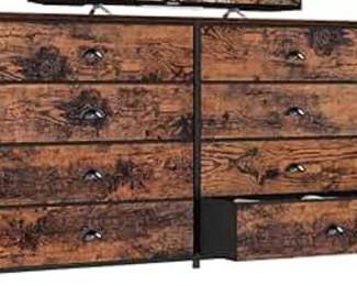Furnulem Long Dresser for Bedroom, TV Stand for 55 Inch TV, Wide Storage Drawer Unit with 8 Fabric Bins, (Rustic Brown)