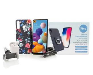 Tracfone Samsung Galaxy A21 Smartphone With Case, Headphones, Vent Holder, And Car Charger
