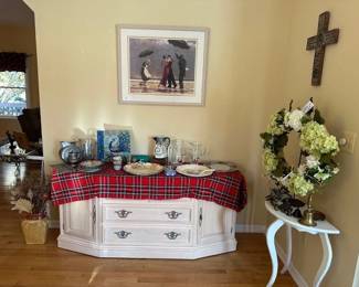 Decor, pictures, wreaths, a collection of bells, platters, water pitchers, and more.