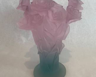 Daum crystal pink & green Roses pate de verre vase - approx. 11"