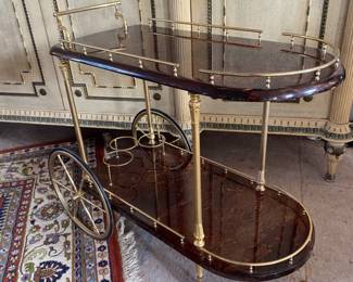 Lacquered burl and brass bar cart