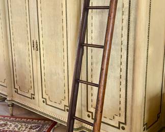 Antique English leather & wood folding library ladder