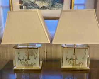 Pair vintage glass & lucite lamps by Ramond