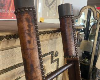 Antique English leather & wood folding library ladder