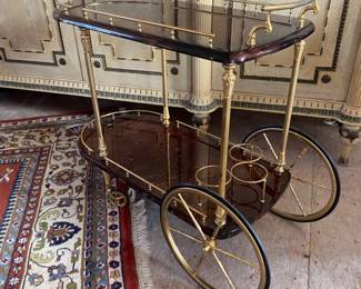 Lacquered burl and brass bar cart