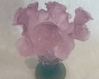Daum crystal pink & green Roses pate de verre vase - approx. 11"