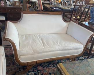 Petite antique settee - reupholstered in crisp white