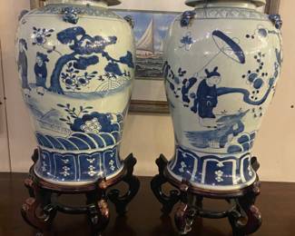 Pair blue & white jars w/lids