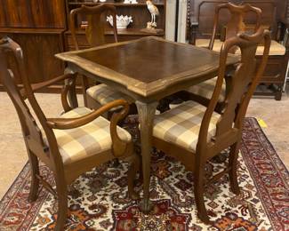 Leather top square table & 4 Queen Anne style chairs