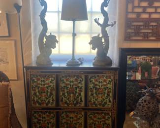 Six door painted cabinet & large pair of brass dragons