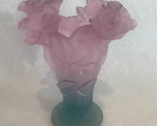 Daum crystal pink & green Roses pate de verre vase - approx. 11"
