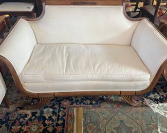 Petite antique settee - reupholstered in crisp white