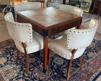 Inlaid card table & four retro chairs