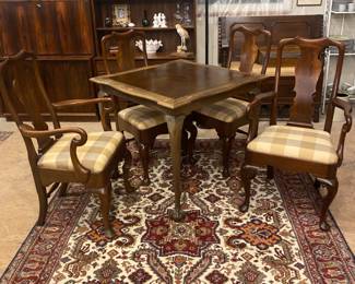 Leather top square table & 4 Queen Anne style chairs