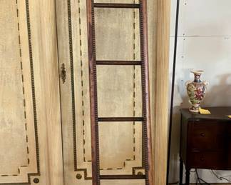 Antique English leather & wood folding library ladder