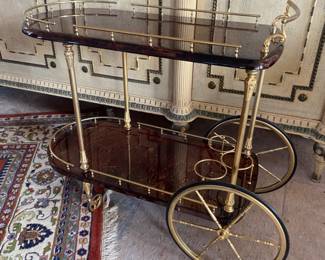 Lacquered burl and brass bar cart