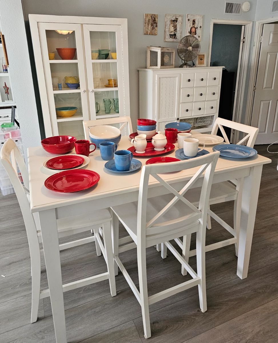 TABLE SOLD..Red blue & white dishes and many patriotic decor items throughout home