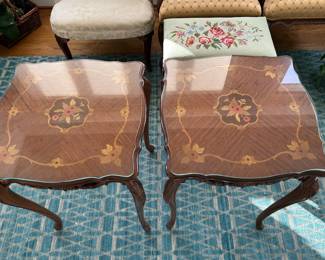 Antique French Inlaid SIde Tables w/ Custom Cut Glass Tops