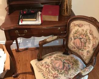 Vintage Writing Desk and French Provisional Needlepoint Antique chair.