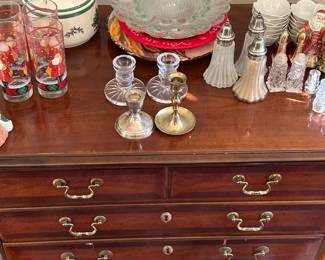 Brass and Crystal Candlestick Holders. Salt & Pepper shakers and holiday decor.