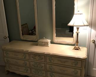 Incredible 5 Piece Bedroom Set - Dresser, Mirrors (2) and Nightstands (2). White with painted flower accents