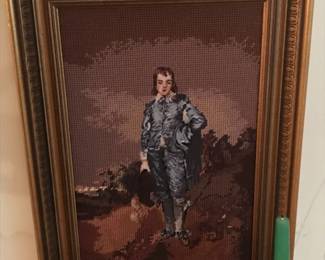 Vintage Blue Boy and Pinkie Needlepoint Art in a gold frame.