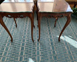 Antique French Inlaid SIde Tables w/ Custom Cut Glass Tops