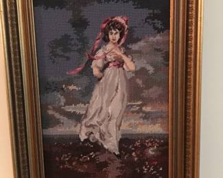 Vintage Blue Boy and Pinkie Needlepoint Art in a gold frame.