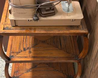Vintage Singer Sewing Machine and Three Tier MCM Side Table