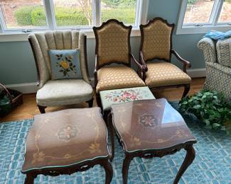 A great selection of antique accent chairs and tables