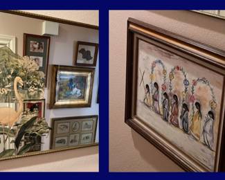 Mirror with Flamingo and Painting By Mal 1984