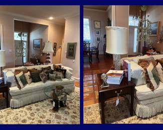 Sofa, End Table, Lamps, Books Pillows