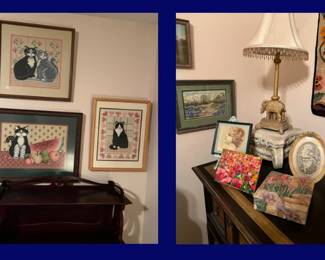 Lithographs, Needlepoint Cats, Small Arts on Top of Desk & Above.