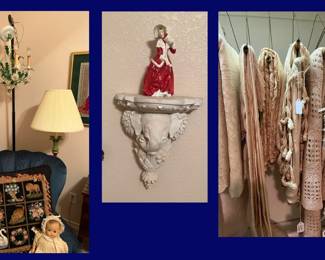 Antique Doll, Hand-Crafted Pillow, Royal Doulton Figurine and Bedspreads.
